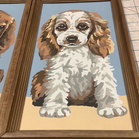 Retro Paint By Numbers Dog Pair Cocker Spaniel and Beagle Framed Pair MCM Era - Picture 3 of 16
